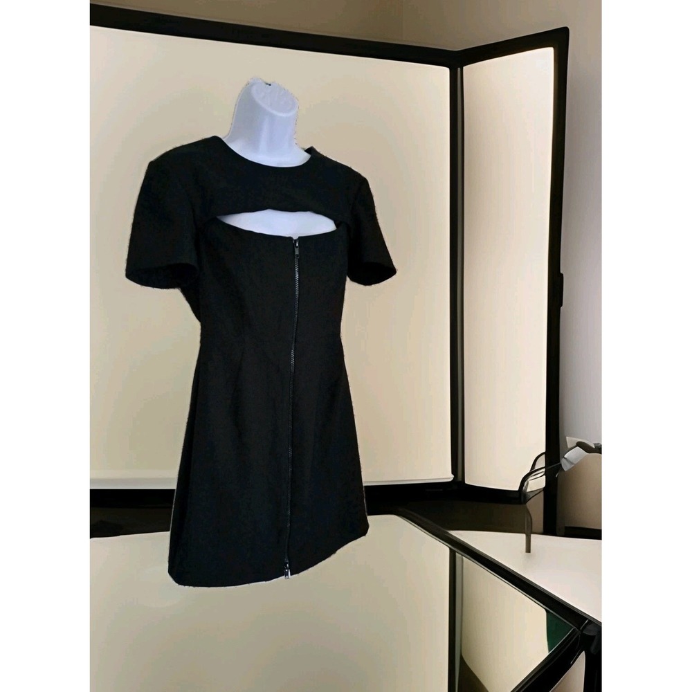 Zara Peekaboo Front Mini Dress M Black Full Zip Front Short Sleeves Flirty Sexy